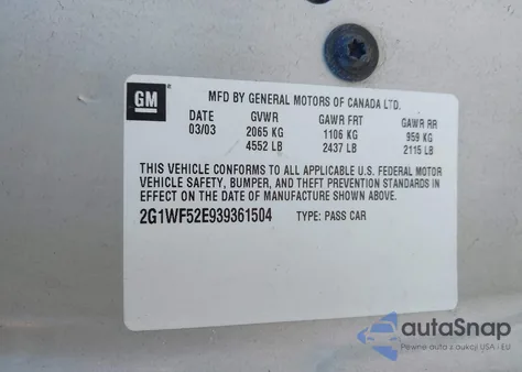 2003 Chevrolet Impala из США, поврежденный, VIN 2G1WF52E939361504